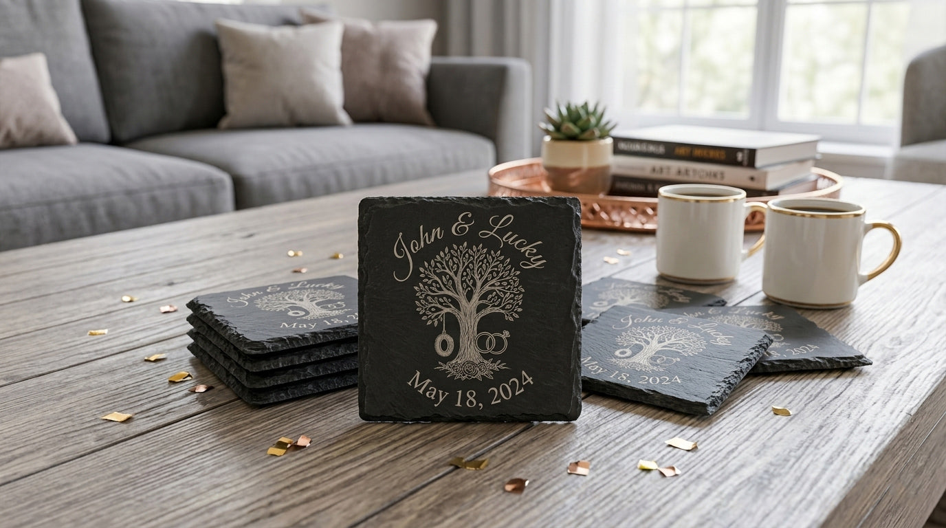 Custom Natural Slate Coasters sitting on coffee table
